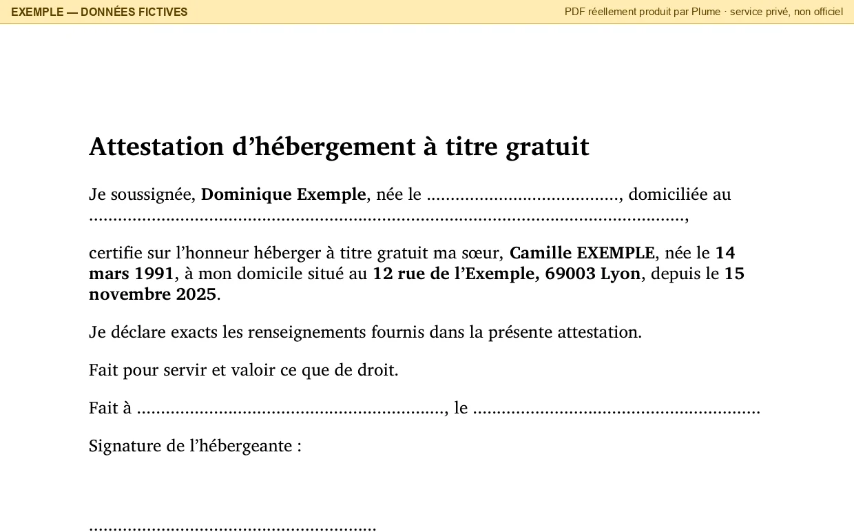 L'attestation rédigée par Pluma : « Attestation d'hébergement à titre gratuit. Je soussignée, Dominique Exemple, née le …, domiciliée au …, certifie sur l'honneur héberger à titre gratuit ma sœur, Camille EXEMPLE, née le 14 mars 1991, à mon domicile situé au 12 rue de l'Exemple, 69003 Lyon, depuis le 15 novembre 2025. » Puis des pointillés pour le lieu, la date et la signature de l'hébergeante.