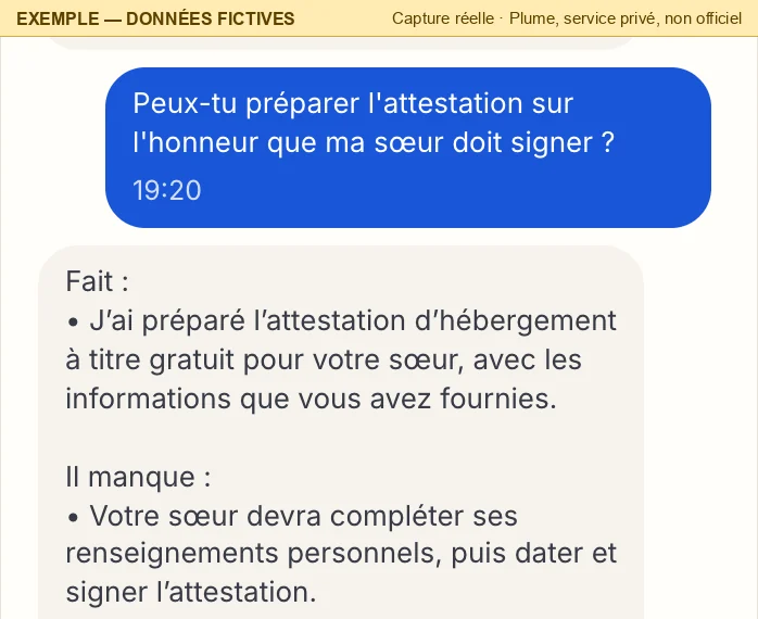 Camille écrit « Peux-tu préparer l'attestation sur l'honneur que ma sœur doit signer ? » ; Pluma répond qu'elle a préparé l'attestation d'hébergement à titre gratuit pour sa sœur, avec les informations fournies, et que sa sœur devra compléter ses renseignements personnels, puis dater et signer l'attestation.