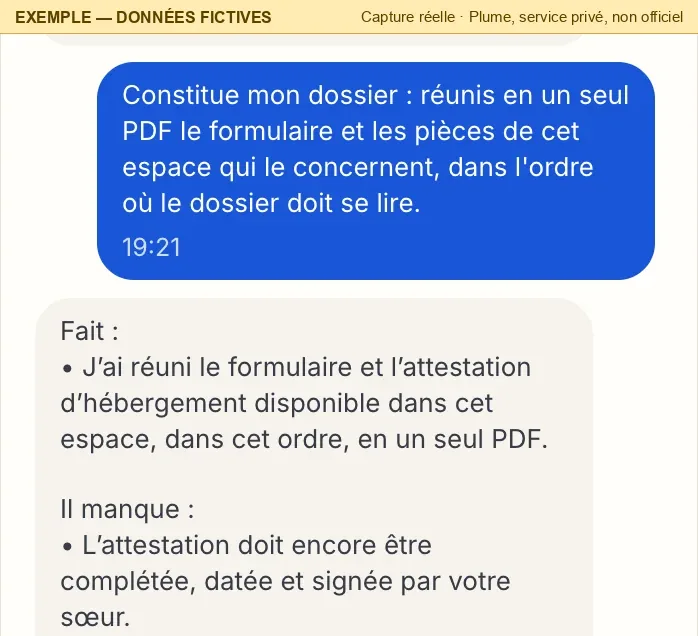 La conversation : le bouton « Constituer le dossier » a envoyé la demande ; Pluma répond qu'elle a réuni le formulaire et l'attestation d'hébergement en un seul PDF, que l'attestation doit encore être complétée, datée et signée par sa sœur, et rappelle les pièces généralement demandées ; une carte « Dossier « Demande d'aide médicale de l'État » relié en un seul PDF — pièces : 2 » propose « Télécharger » et « Envoyer par courriel ».