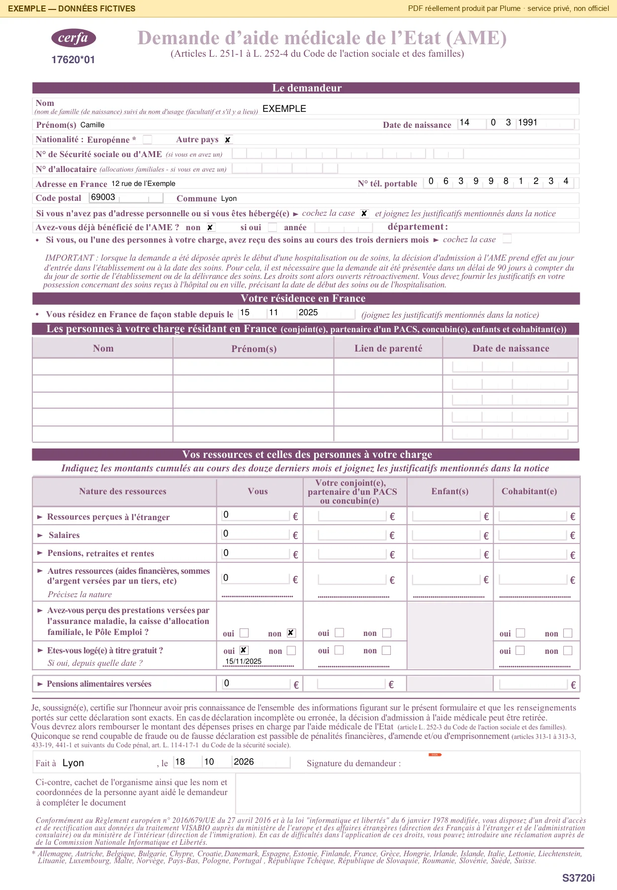 Page 2 du PDF du dossier : le formulaire rempli — nom, prénom, date de naissance, « Autre pays », adresse, téléphone, code postal 69003, commune Lyon, hébergé(e), jamais d'AME, résidence depuis le 15 11 2025, logée à titre gratuit, lieu et date de signature —, chaque valeur dans sa case.