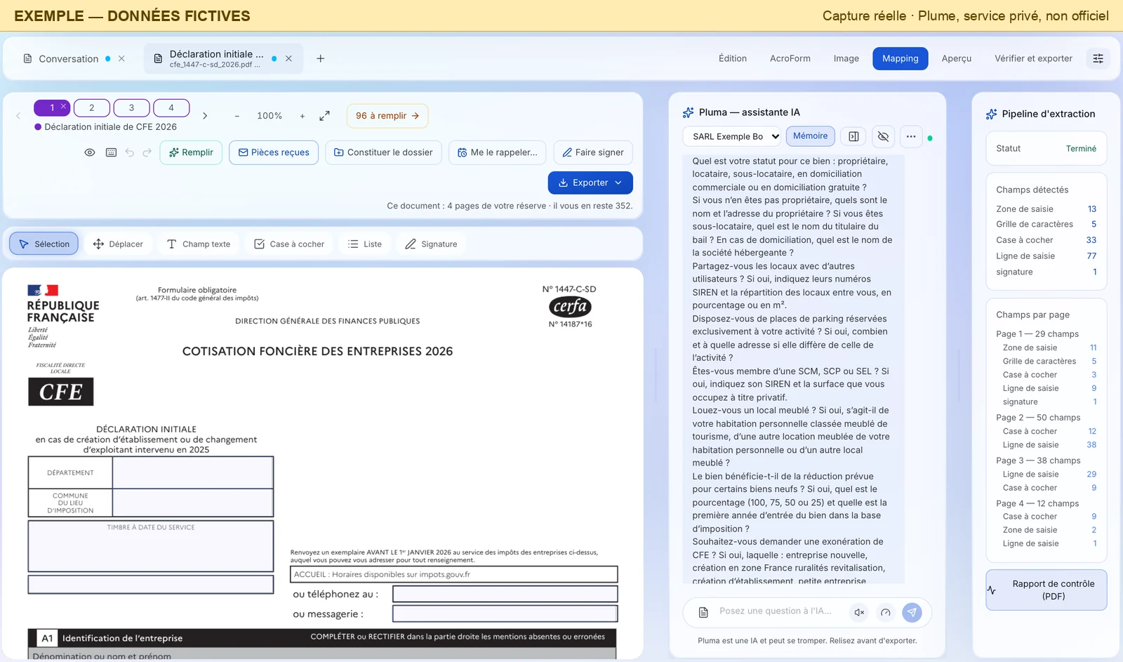 L'éditeur de Plume en vue « Mapping » : à gauche la page 1 de la déclaration initiale de CFE 1447-C-SD, au centre la conversation avec Pluma qui a posé ses premières questions, à droite le « Pipeline d'extraction » : statut Terminé, 129 champs détectés (13 zones de saisie, 5 grilles de caractères, 33 cases à cocher, 77 lignes de saisie, 1 signature), répartis en 29, 50, 38 et 12 champs sur les quatre pages.