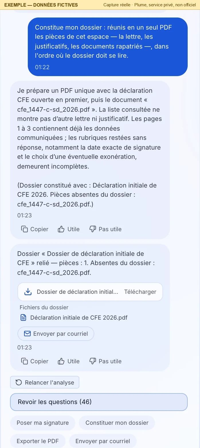 La conversation : le message « Constitue mon dossier » envoyé par le bouton ; Pluma répond qu'elle prépare un PDF unique avec la déclaration CFE, que les pages 1 à 3 contiennent les données communiquées et que la date de signature et le choix d'une exonération restent incomplets ; une carte « Dossier de déclaration initiale de CFE » propose « Télécharger », avec le fichier « Déclaration initiale de CFE 2026.pdf ».