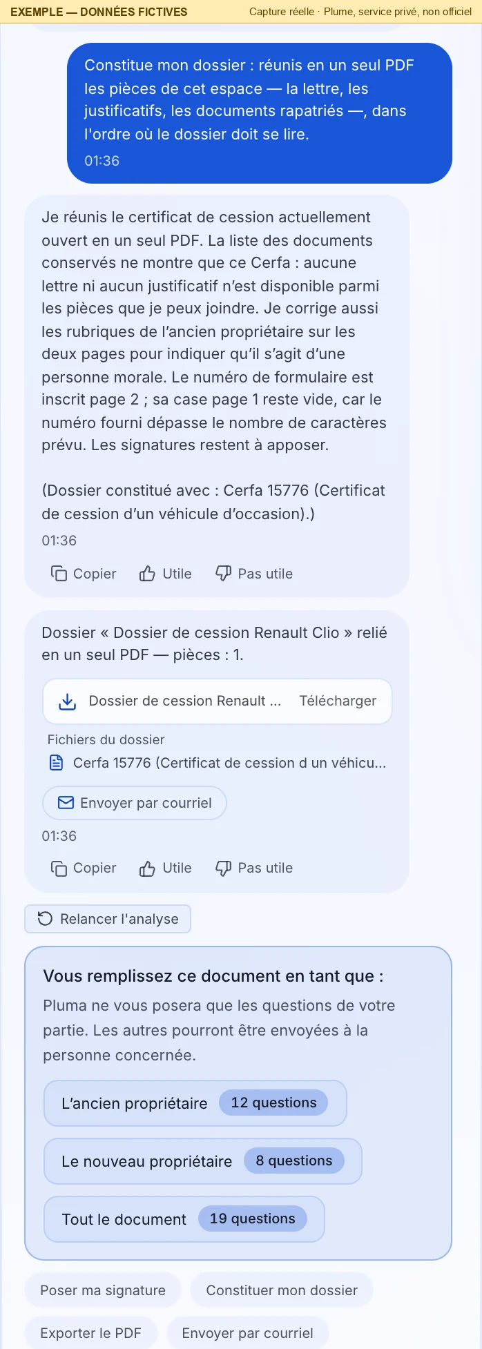 La conversation : le message « Constitue mon dossier » envoyé par le bouton ; Pluma répond qu'elle réunit le certificat en un seul PDF, corrige les rubriques de l'ancien propriétaire (personne morale), que le numéro de formulaire est inscrit page 2 et que les signatures restent à apposer ; une carte « Dossier de cession Renault Clio relié en un seul PDF — pièces : 1 » propose « Télécharger », avec le fichier « Cerfa 15776 (Certificat de cession d'un véhicule d'occasion) ».