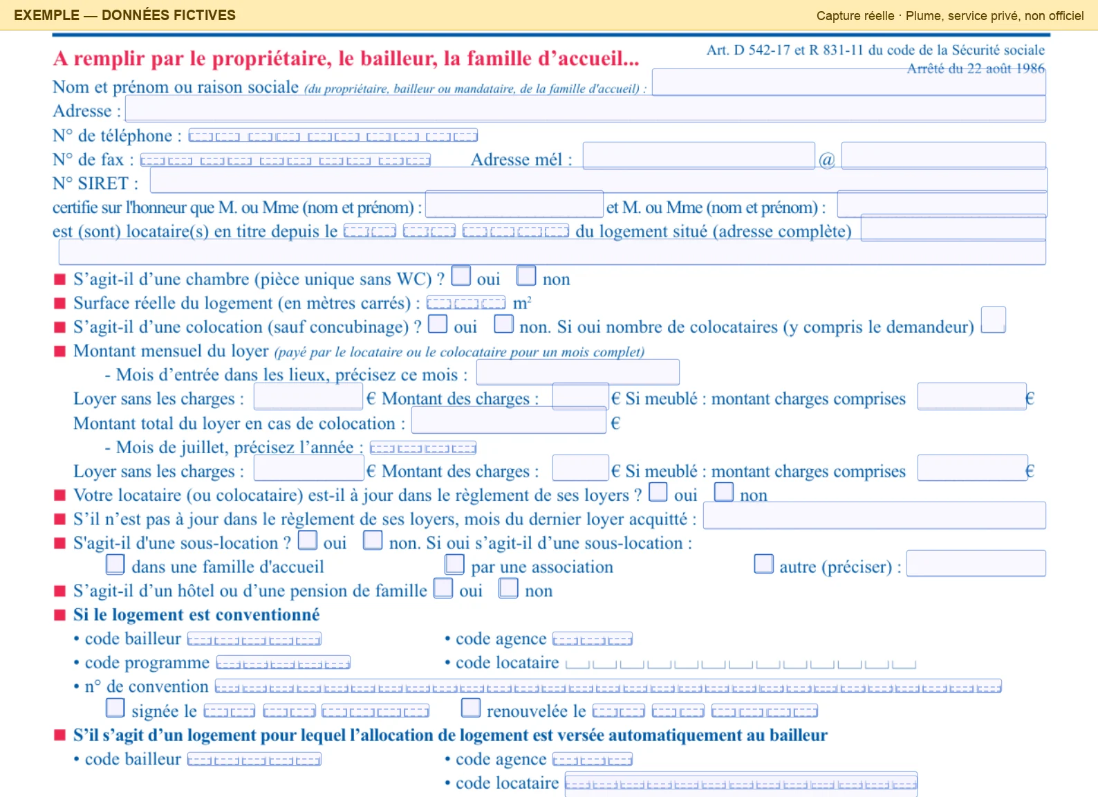 Zoom sur le haut de la page 1 : les lignes du nom ou de la raison sociale, de l'adresse, de l'adresse électronique de part et d'autre de l'arobase et du SIRET, les grilles du téléphone et du fax, la ligne du locataire, la grille de la date d'entrée au bail, l'adresse du logement, les cases oui et non (chambre, colocation, loyer à jour, sous-location, hôtel), la surface, les montants du loyer et des charges, puis les blocs du logement conventionné. Tout est encadré en bleu et vide.