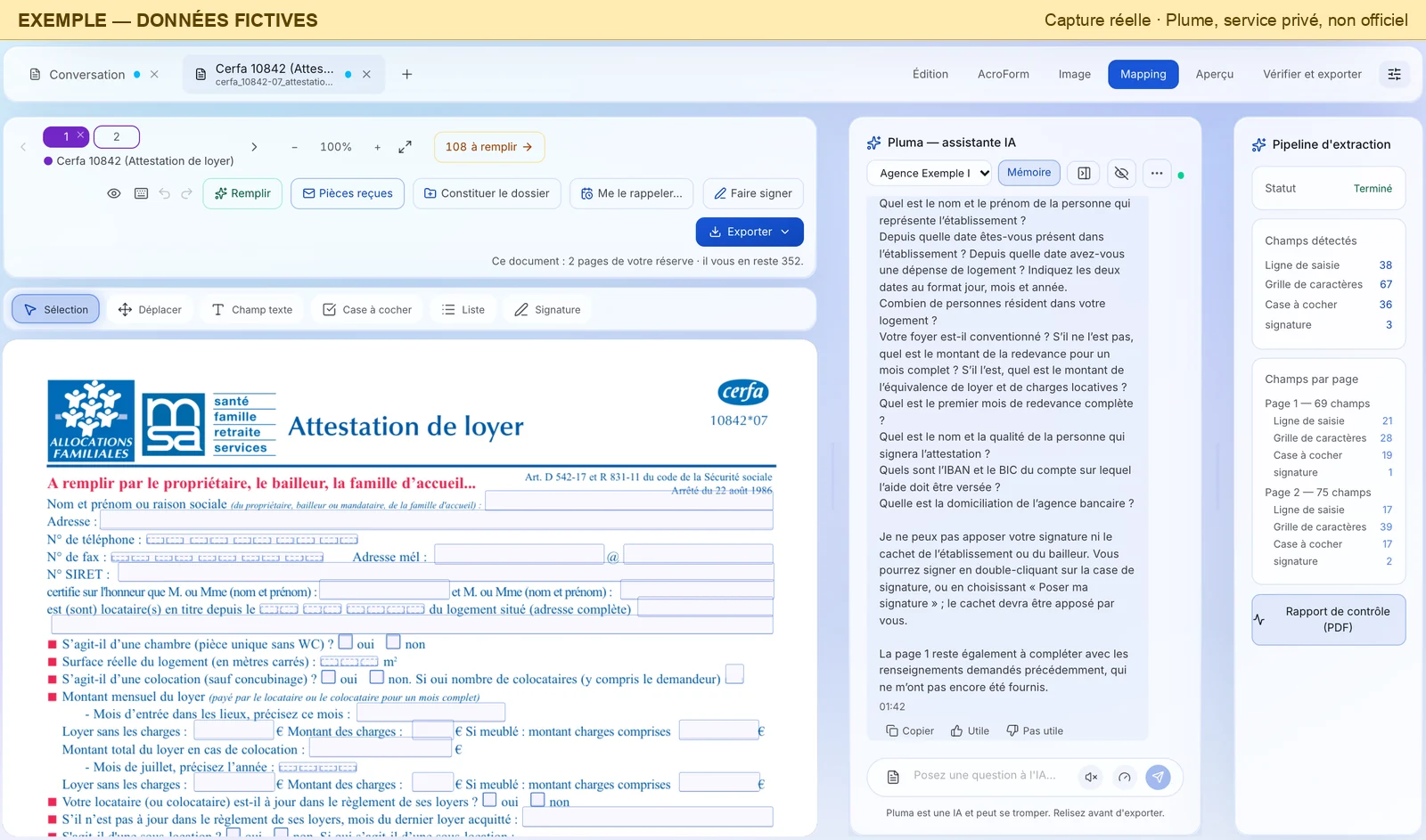 L'éditeur de Plume en vue « Mapping » : à gauche le haut de la page 1 de l'attestation de loyer, dont les champs sont encadrés en bleu et vides ; au centre, la fin du message de Pluma, qui liste ses questions sur la page 2 (la personne qui représente l'établissement, la date de présence, le nombre de personnes, l'IBAN et le BIC, la domiciliation bancaire) et précise qu'elle ne peut ni signer ni apposer le cachet ; à droite, le « Pipeline d'extraction » : statut Terminé, 38 lignes de saisie, 67 grilles de caractères, 36 cases à cocher, 3 signatures, soit 69 champs sur la page 1 et 75 sur la page 2.