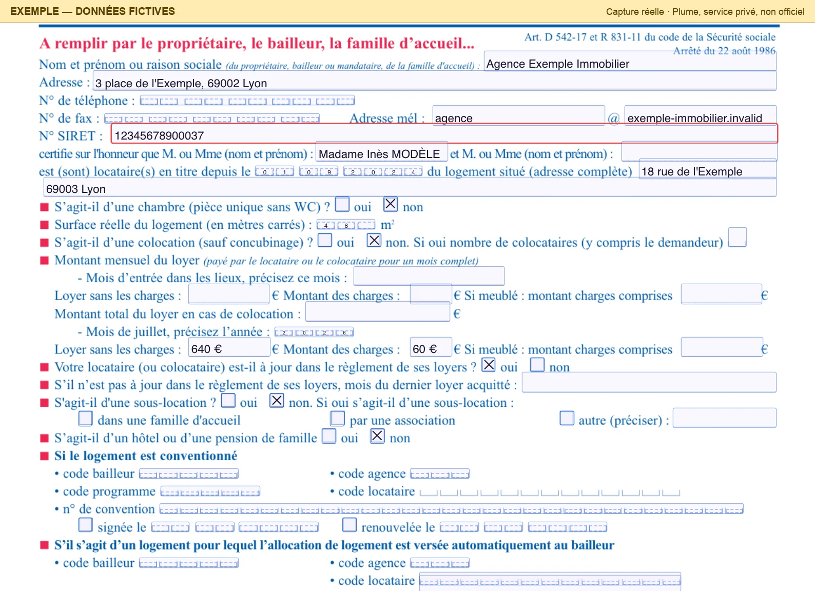 Le haut de la page 1 après le remplissage, dans l'éditeur : Agence Exemple Immobilier, 3 place de l'Exemple 69002 Lyon, « agence » et « exemple-immobilier.invalid » de part et d'autre de l'arobase, le SIRET 12345678900037 dans un champ encadré de rouge, Madame Inès MODÈLE, la date 01/09/2024 dans sa grille, 18 rue de l'Exemple 69003 Lyon, « non » coché pour la chambre et la colocation, 48 m², puis le loyer de juillet 2026 : 640 € et 60 € de charges, « oui » pour le loyer à jour, « non » pour la sous-location et l'hôtel. Le téléphone, le fax et le loyer à l'entrée restent vides.