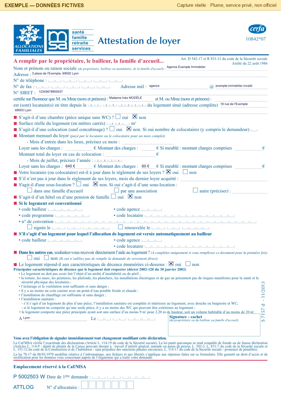 Page 1 du PDF servi par Plume : l'agence (Agence Exemple Immobilier, 3 place de l'Exemple, 69002 Lyon, agence@exemple-immobilier.invalid, SIRET 12345678900037), la locataire Madame Inès MODÈLE, la date d'entrée au bail 01/09/2024 dans ses cases, le logement au 18 rue de l'Exemple, 69003 Lyon, « non » à la chambre, 48 m², « non » à la colocation, le loyer de juillet 2026 (640 € hors charges, 60 € de charges), « oui » au loyer à jour, « non » à la sous-location et à l'hôtel, « oui » aux critères de décence, puis « A Lyon ». Le téléphone, le fax, le loyer à l'entrée, la date de signature et le cadre de signature restent vides.