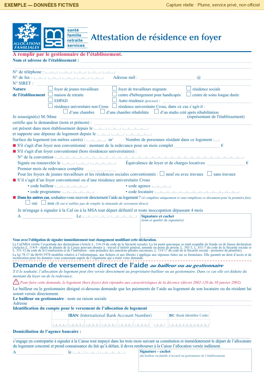 Page 2 du PDF servi par Plume : l'attestation de résidence en foyer, puis la demande de versement direct de l'aide au bailleur ou au gestionnaire, avec l'IBAN, le BIC et les cadres de signature. Tout est vide : le message ne disait rien d'un foyer ni du versement direct, et Pluma n'y a pas reporté les coordonnées de l'agence.