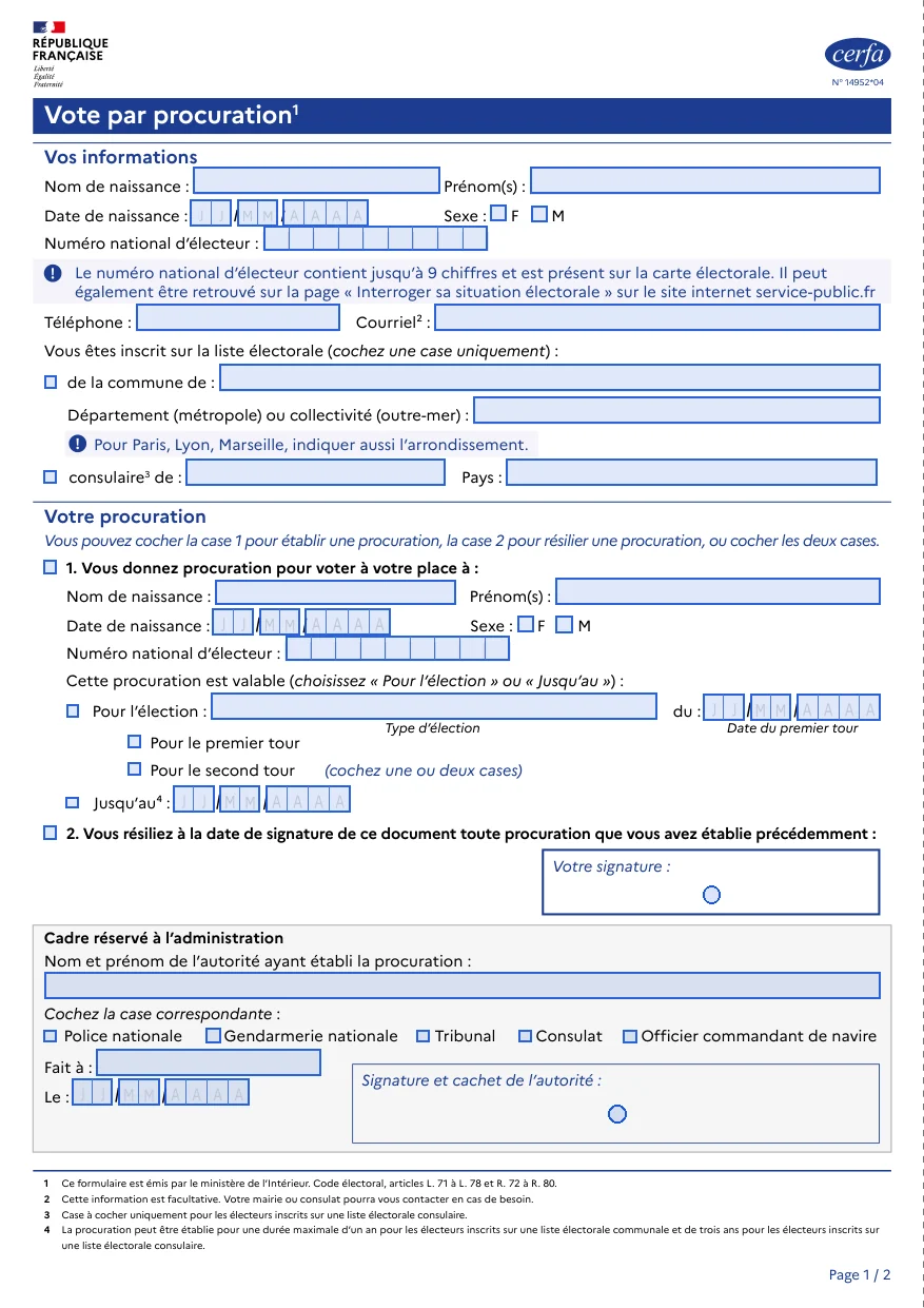 Le cerfa 14952 (vote par procuration) tel que Plume le détecte : chaque champ encadré en bleu
